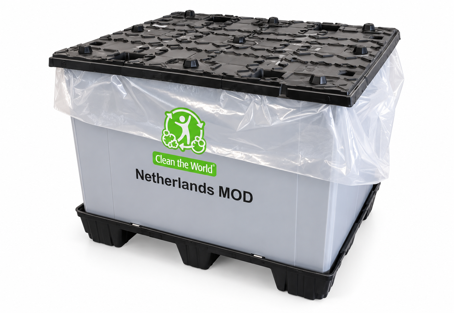 Grey Clean the World Big Box on a pallet base with lid secured