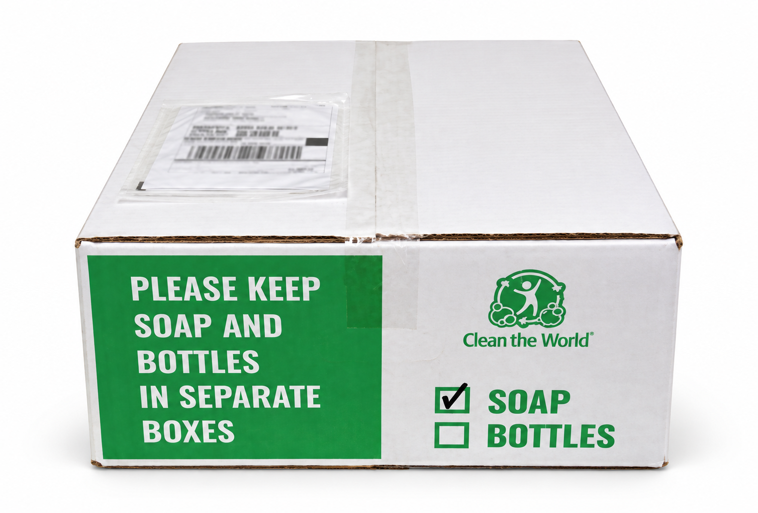 Closed white and green Clean the World soap collection box