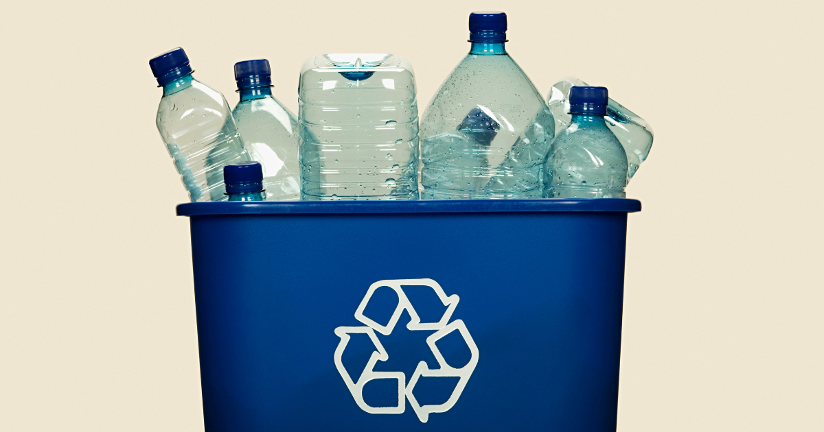 Plastic bottles in a blue recycling bin